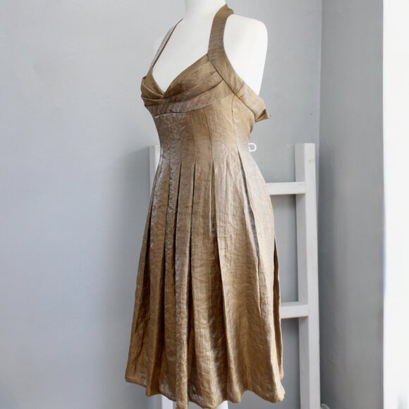 London Times VTG Y2K Gold Metallic Halter Pleated A-Line Midi Party Dress Size 2 - Picture 2 of 7